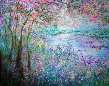 Artworks in 150 Subjects Painting - Cherry Blossom Wild Flowers Pond Trees garden decor scenery wall art nature landscape